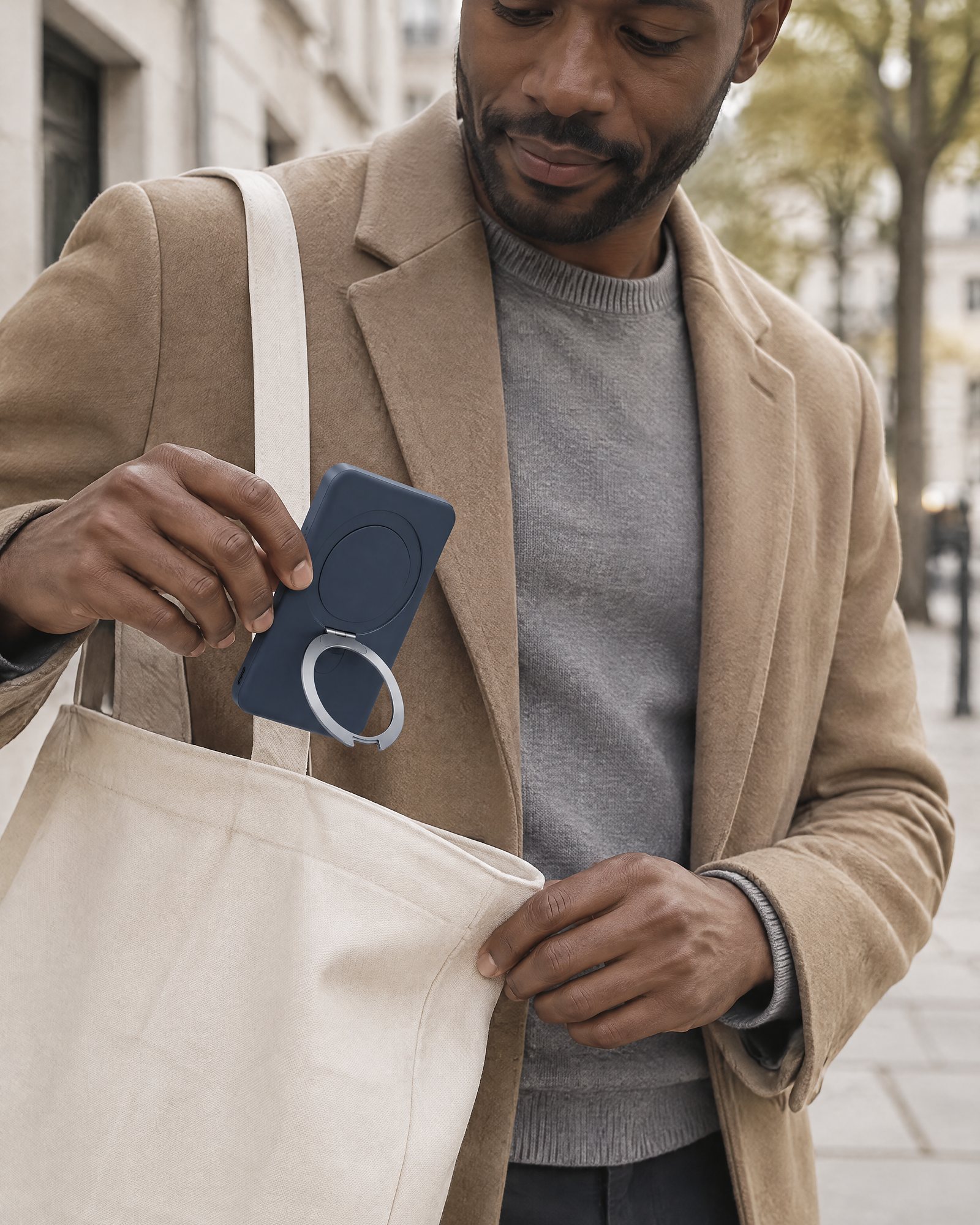 An adult on a city street taking Moor out of a tote bag