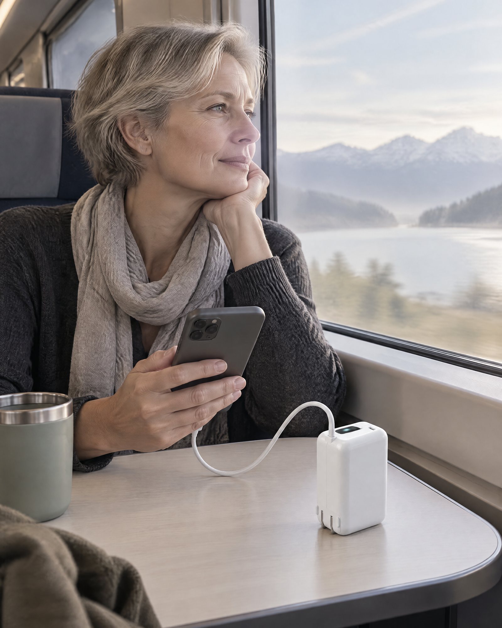 An adult by a train window with Drift 45 charging a phone
