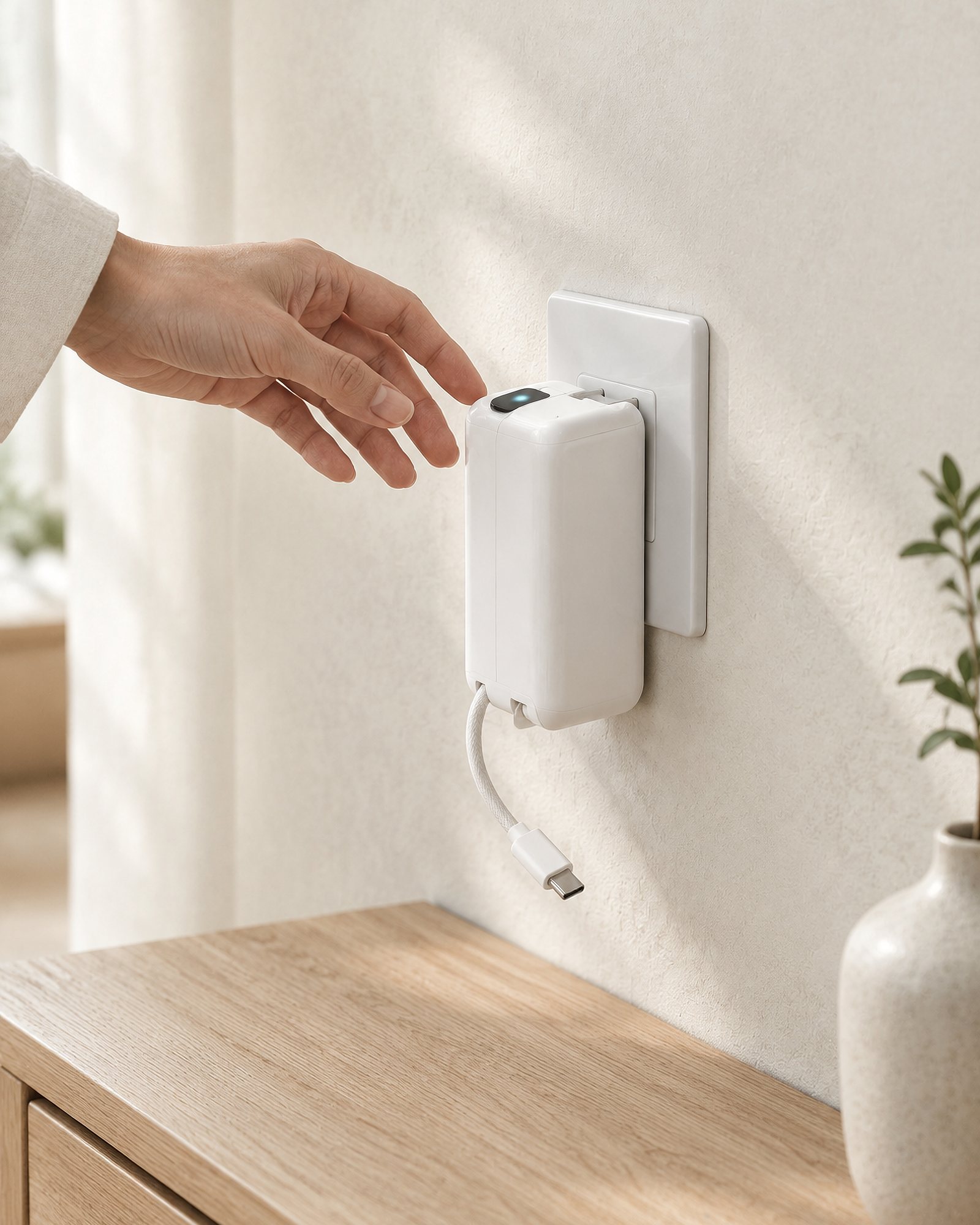 Drift 45 plugged into a wall for its first charge, its small display glowing