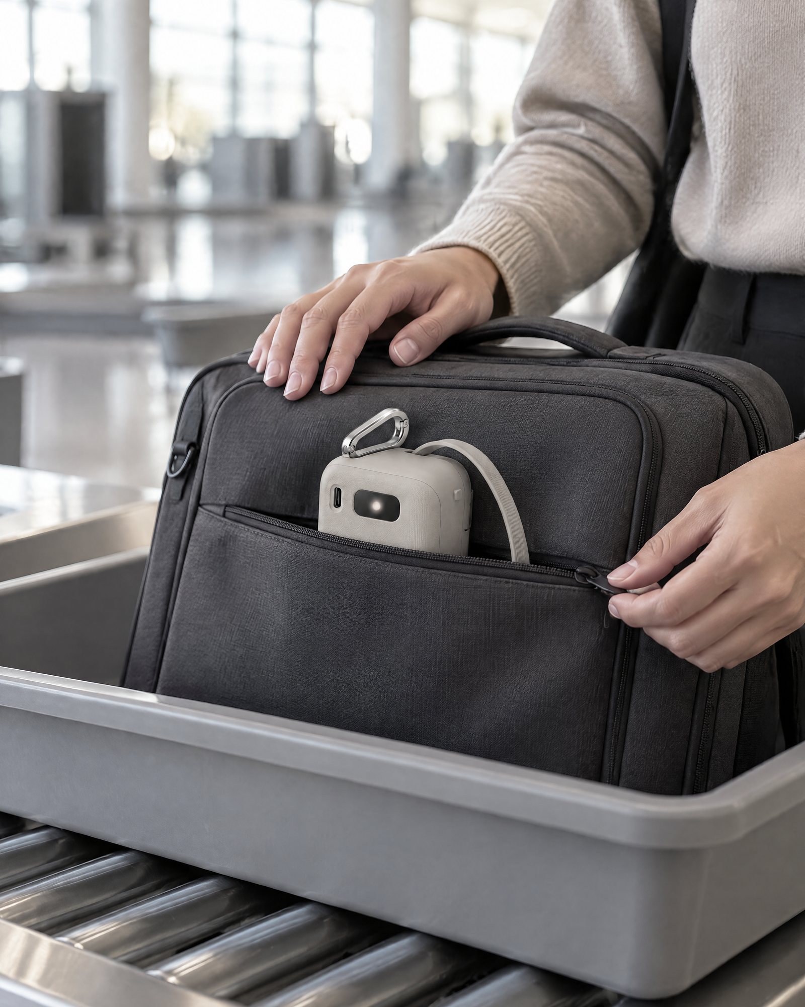 Kite 45 in the front pocket of a carry-on bag near an airport security tray