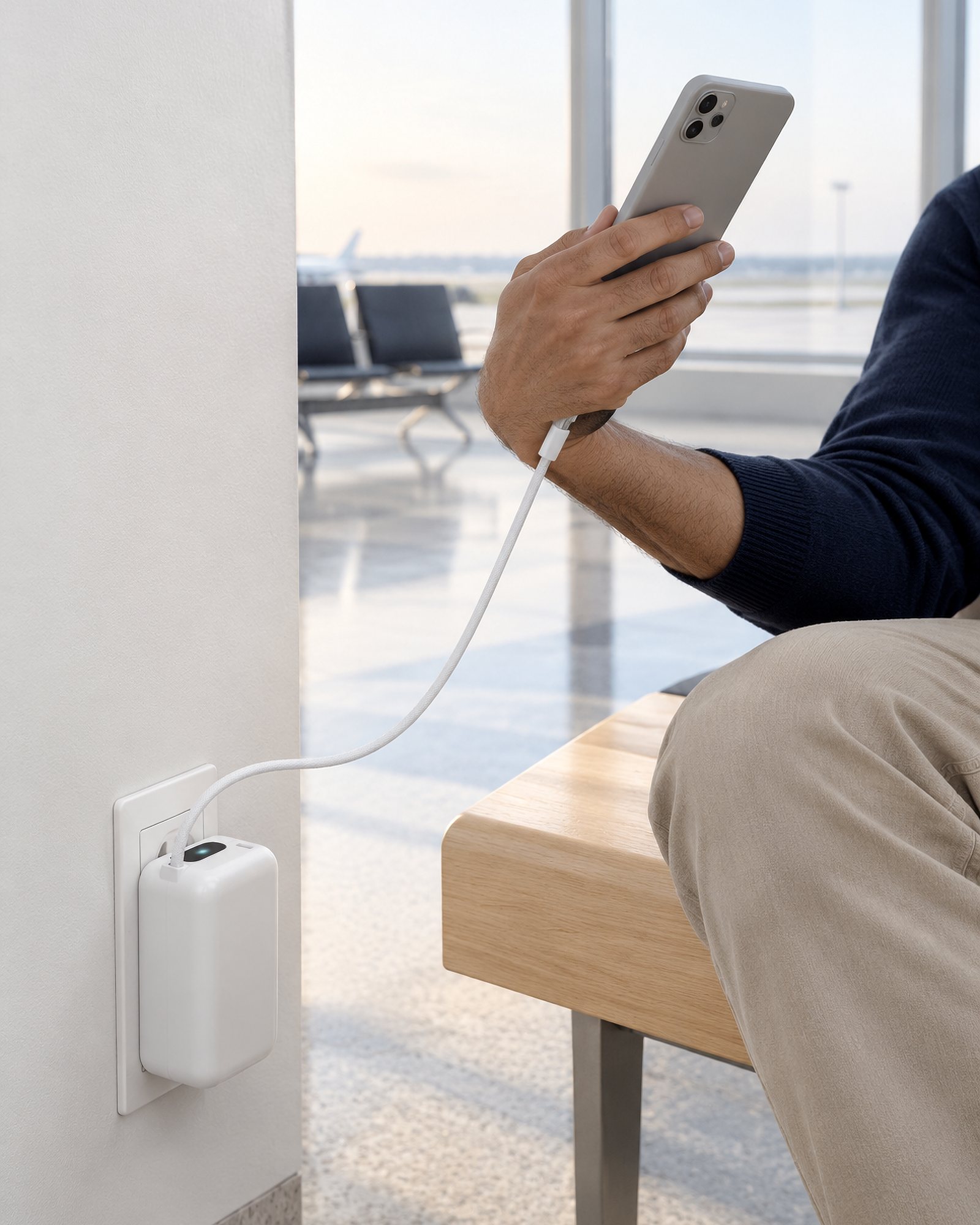 Drift 45 plugged into a wall outlet by an airport bench, its cable reaching a phone in a hand