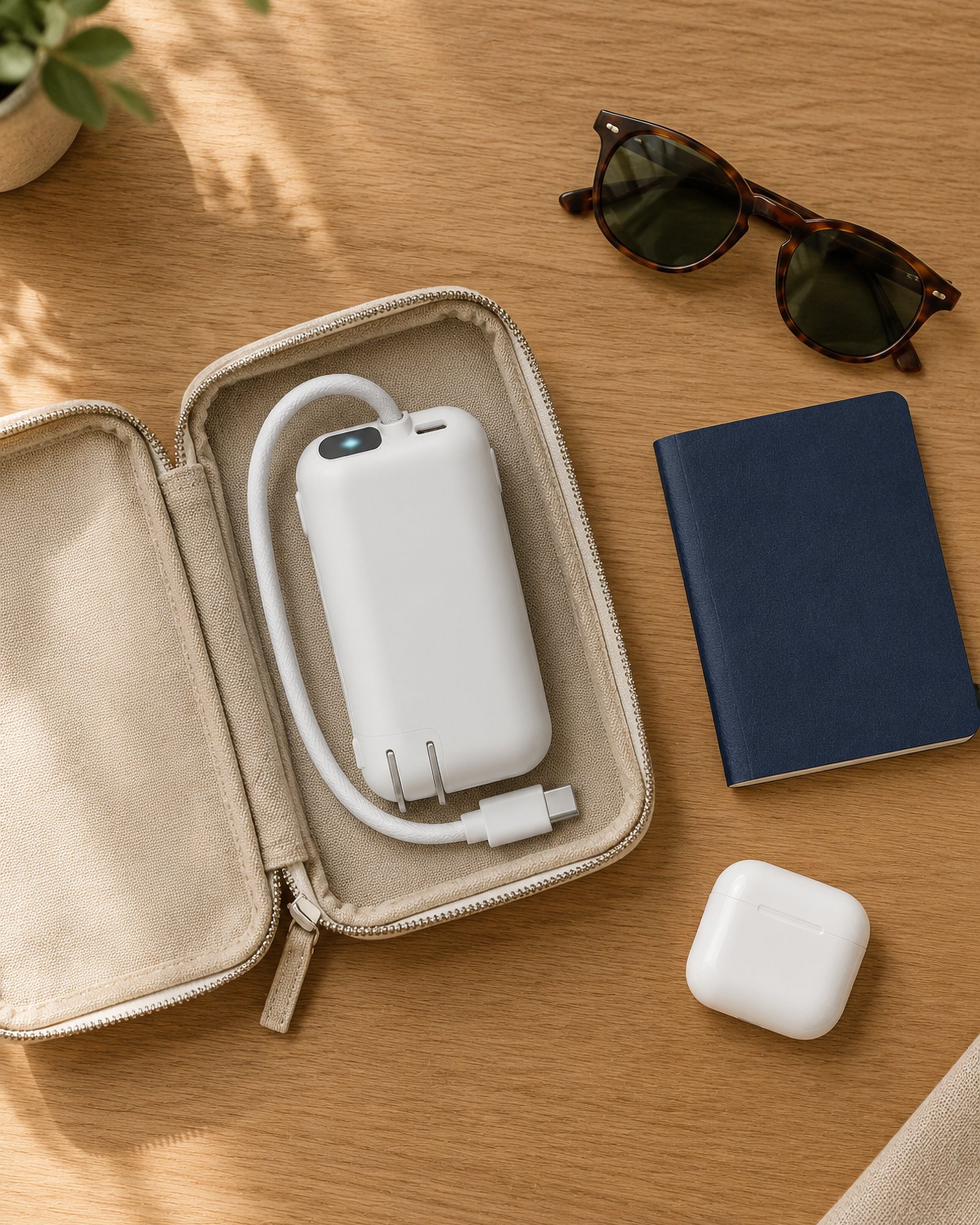 Drift 45 in an open travel pouch with a plain notebook, sunglasses and an earbuds case