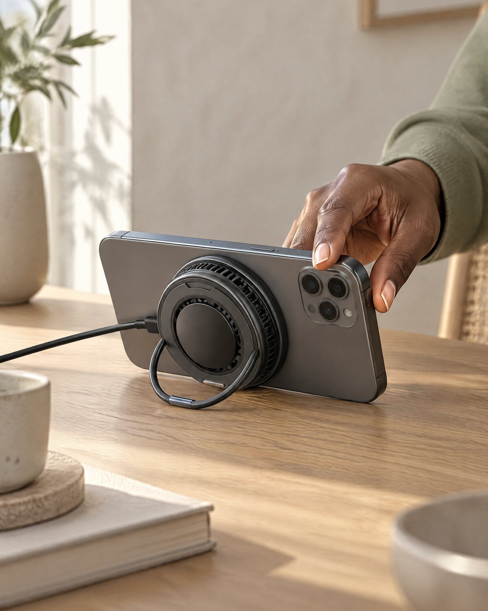 A phone held sideways by Eddy on a desk, a hand reaching for it