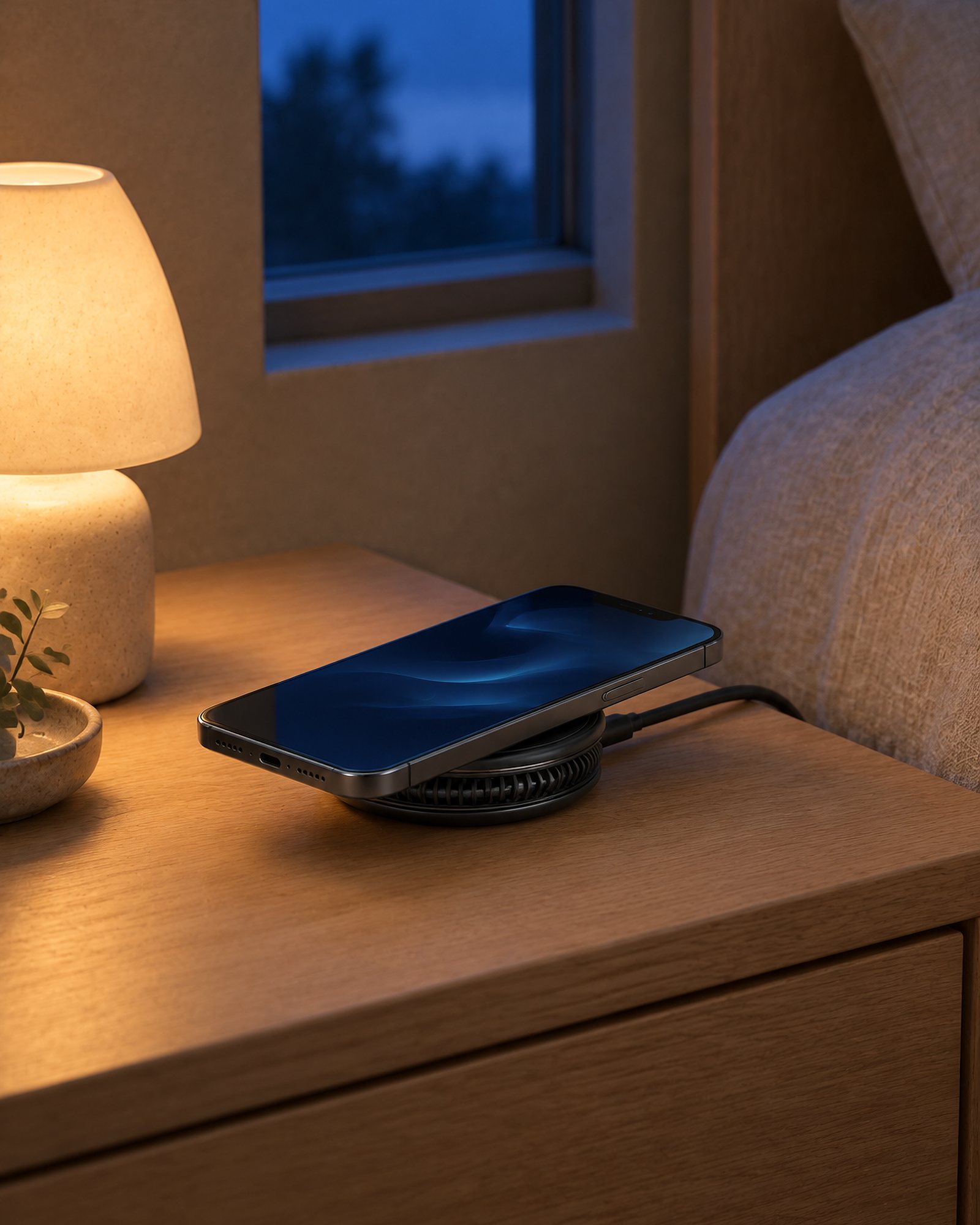 Eddy flat on a nightstand at blue hour with a phone on it, next to a ceramic lamp