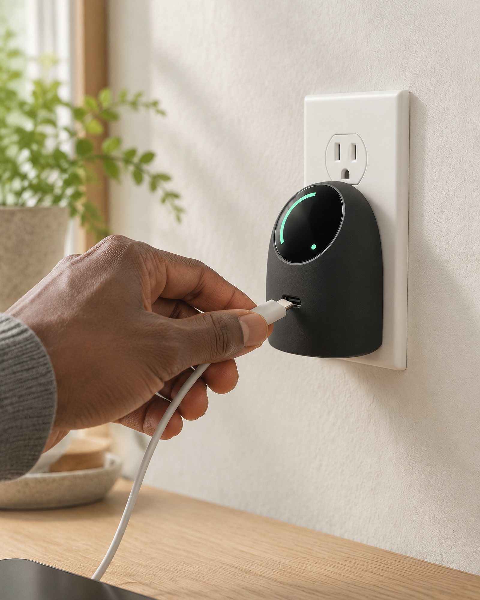A hand plugging a USB-C cable into Glint 45, plugged into a pale wall outlet, its display lit