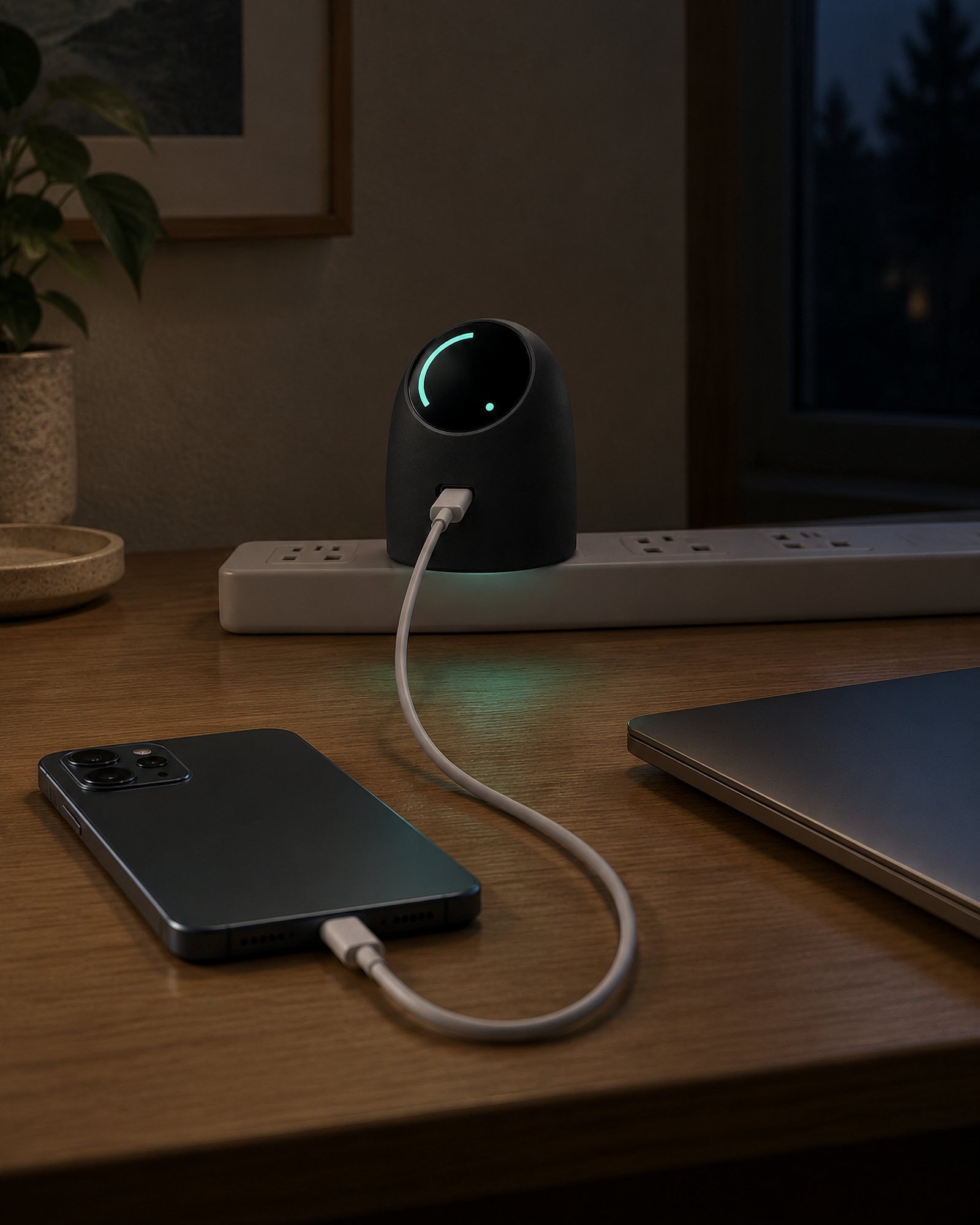 Glint 45 in a power strip on an oak desk at night, its display the only light, a phone charging beside a laptop