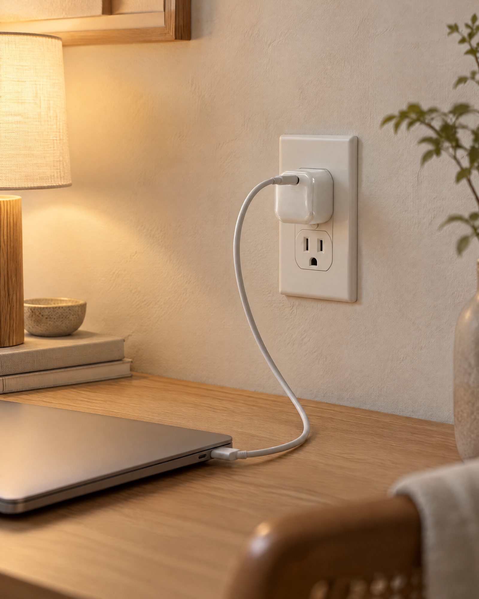 Isle 60 plugged into a wall outlet beside a desk, a laptop charging