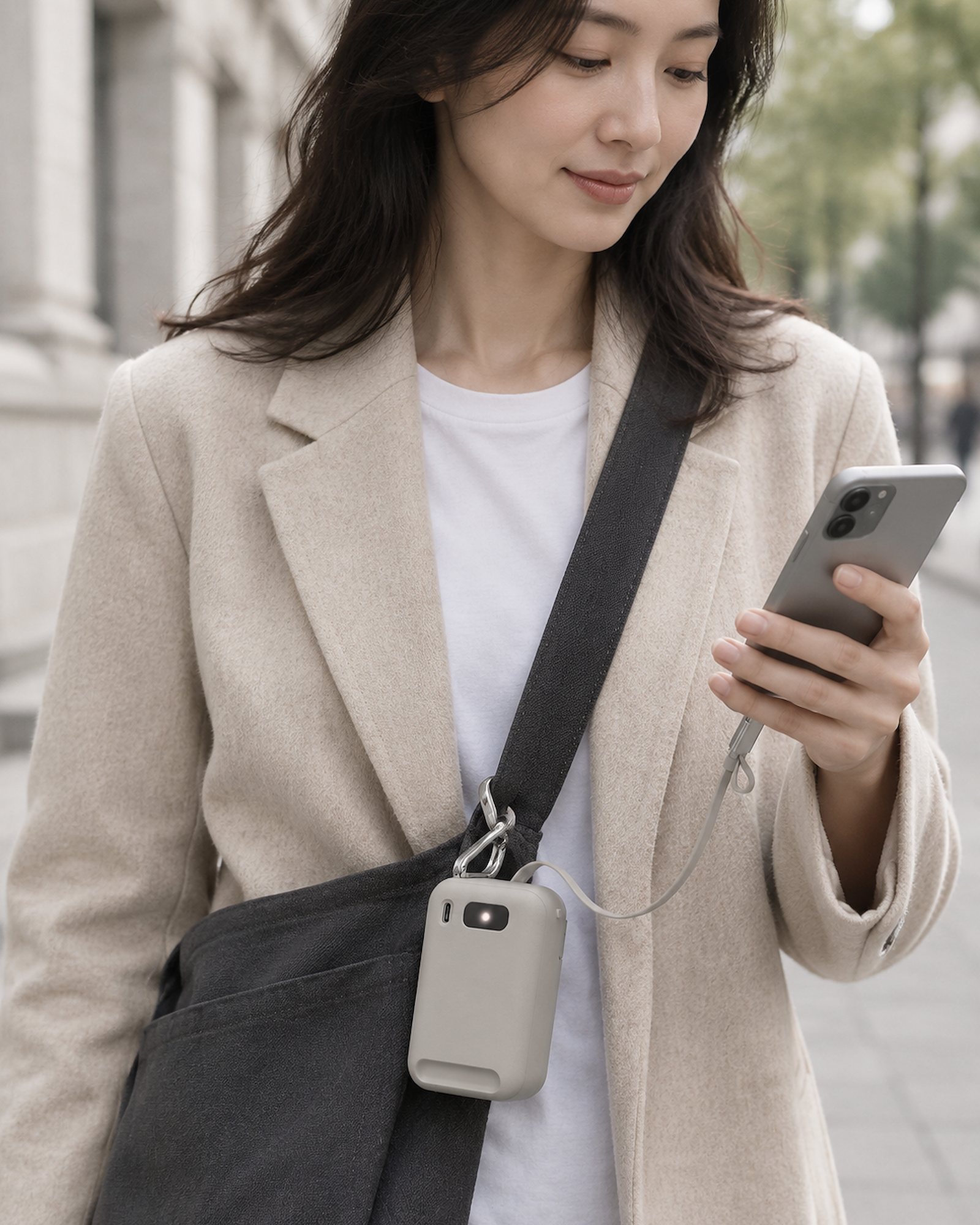 An adult walking with Kite 45 clipped to a crossbody bag strap, its cable reaching the phone in their hand