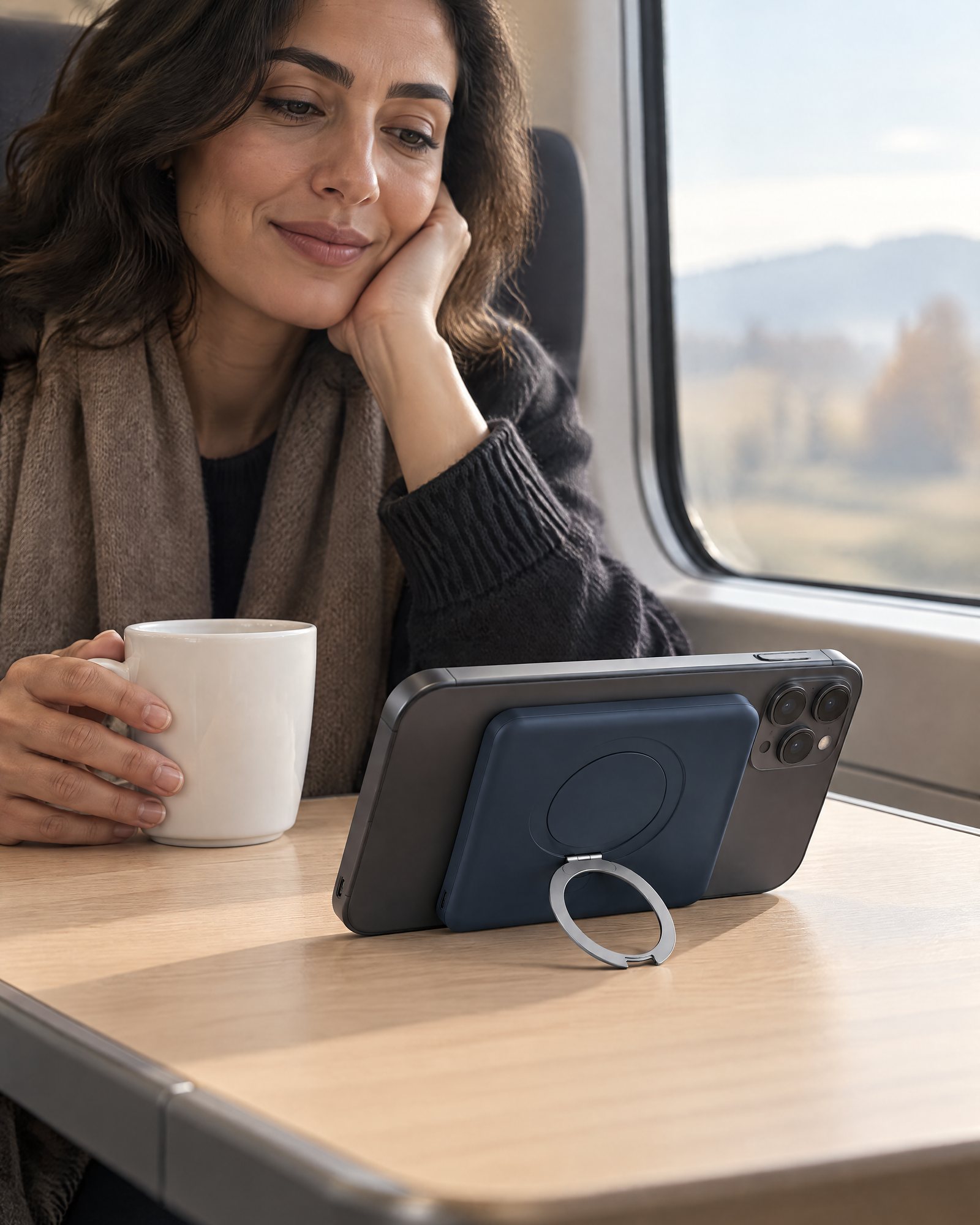 Moor on the back of a phone standing sideways on a train table, a hand holding a cup nearby