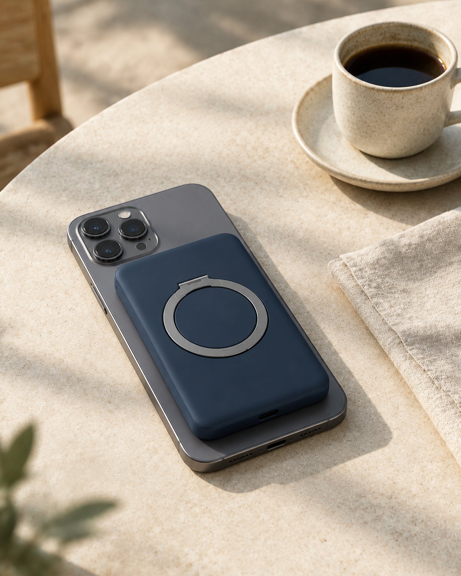 Moor attached to a phone lying on a stone cafe table in morning light