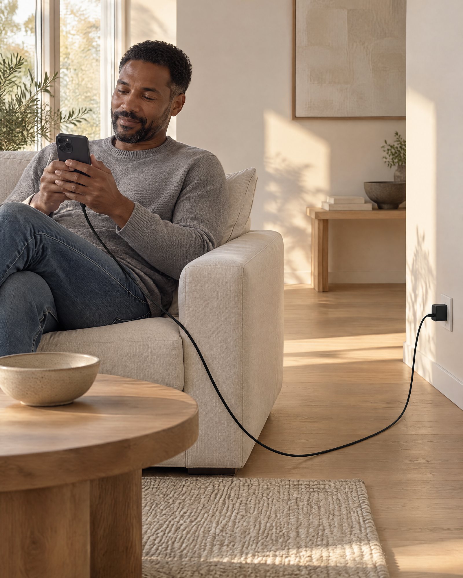 An adult on a sofa using a phone that charges from a wall outlet far away, the long black cable crossing the room