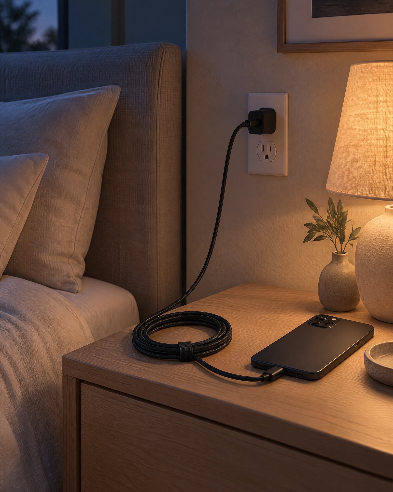 A Reach Cable running from a wall outlet to a phone on a nightstand, bedroom at dusk