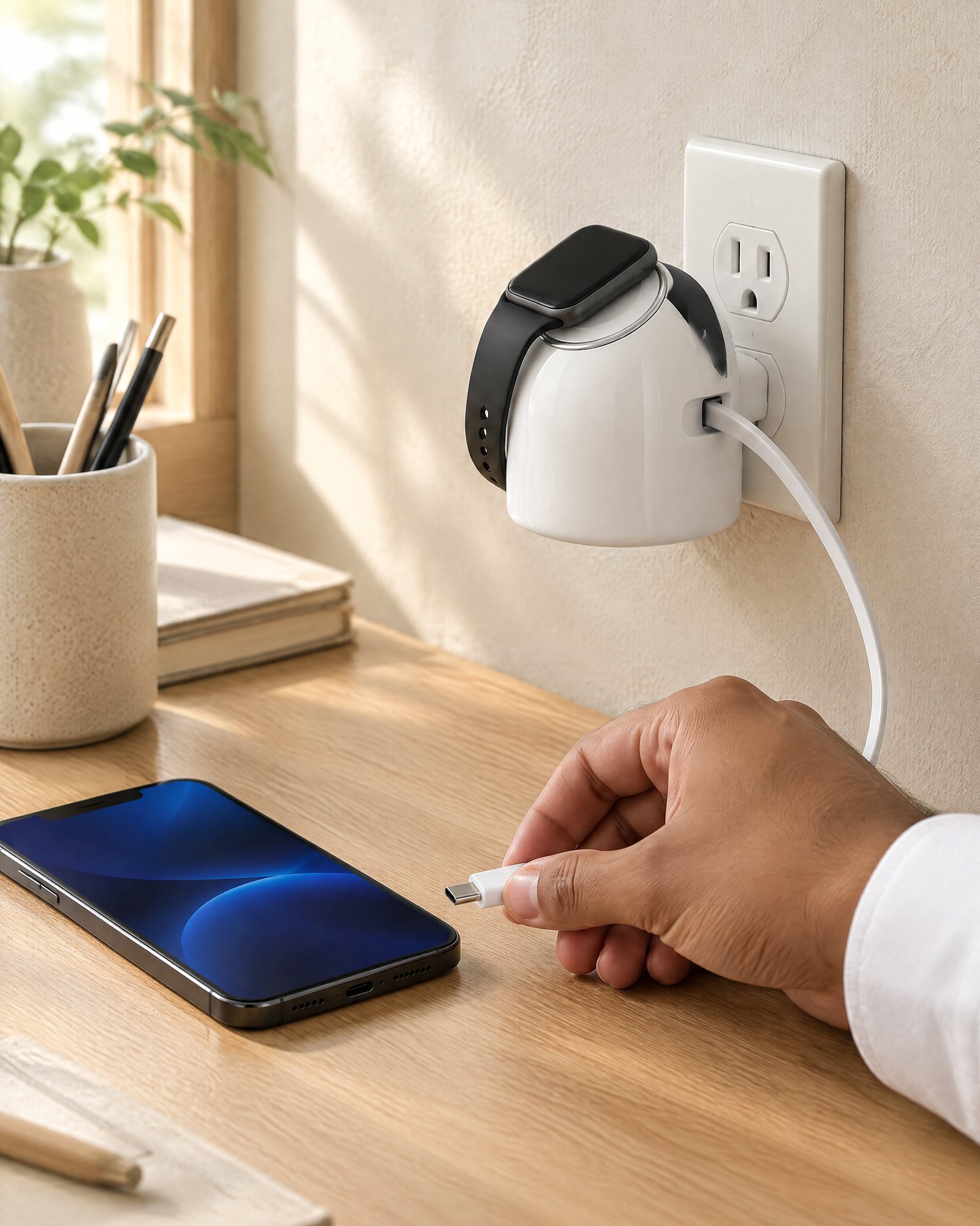 A hand pulling the cable of Reel 45 toward a phone on a desk, a watch charging on top
