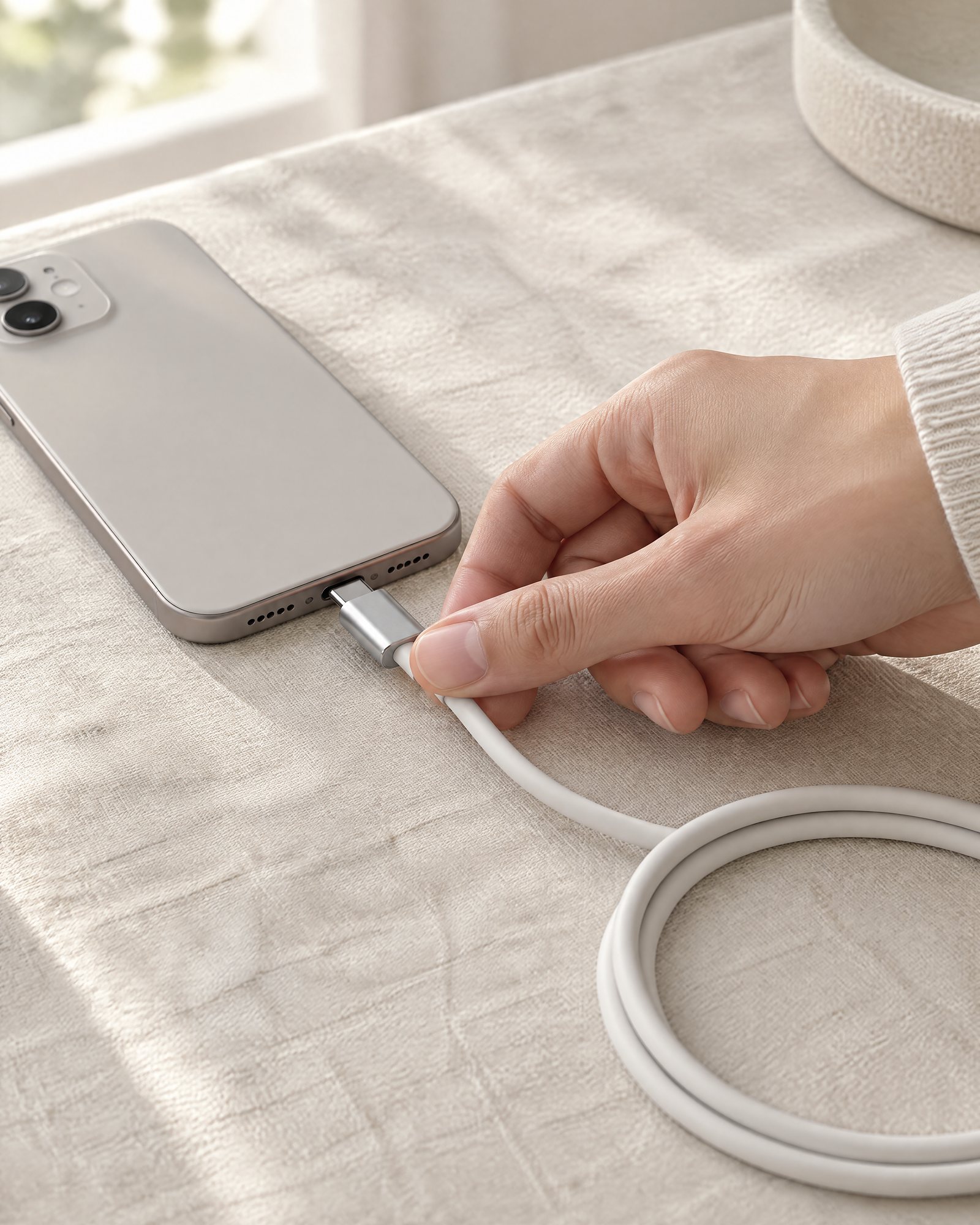 A hand plugging Strand Cable into a phone on a pale linen surface