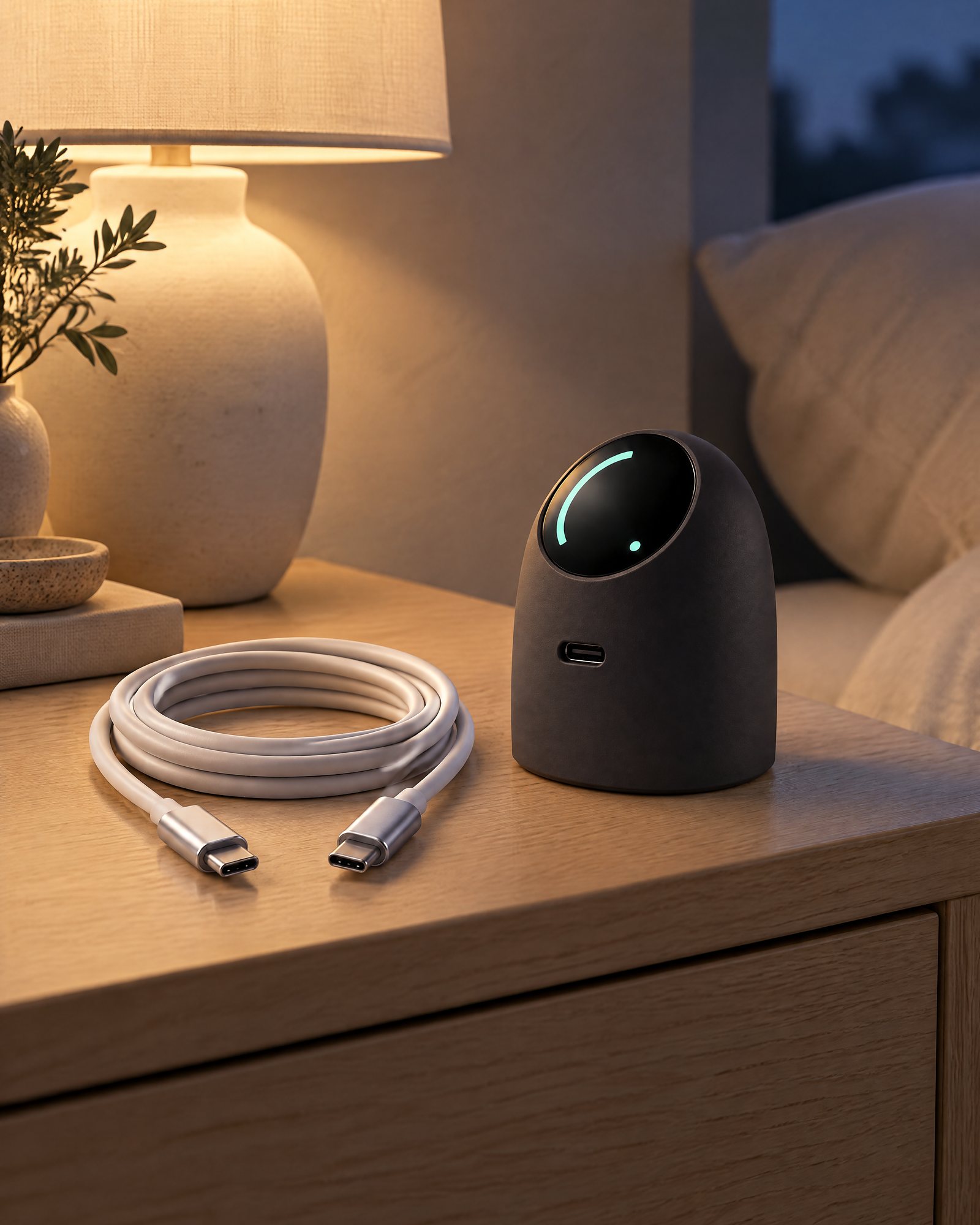 Strand Cable coiled on a nightstand next to Glint 45 in evening lamp light