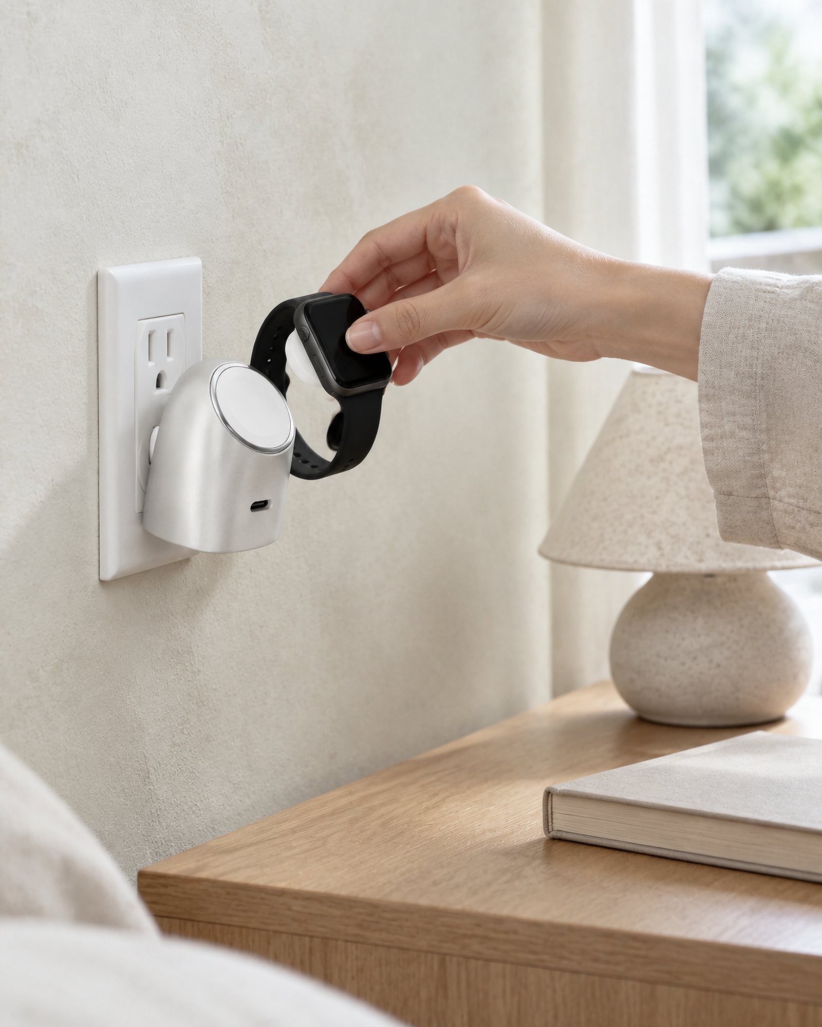 A hand lifting a watch off Tandem 45, plugged into a wall by a nightstand in the morning