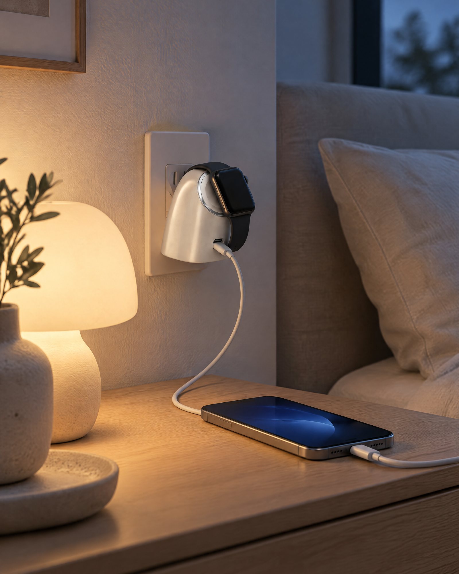 Tandem 45 on a nightstand in a pale bedroom at dusk, a watch on the puck and a phone charging from its USB-C port